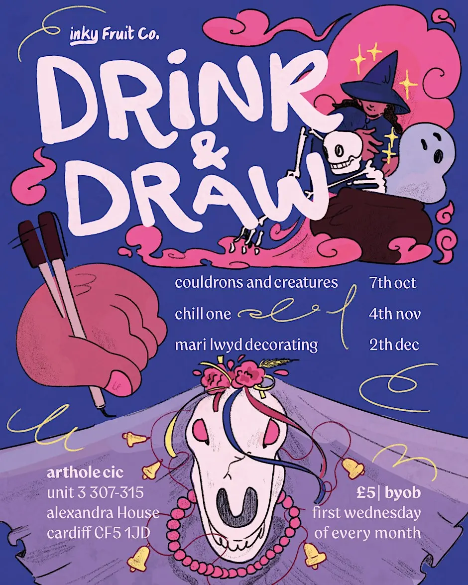 Inky Fruit Co. Drink and Draw! event image at ArtHole CIC, Unit 3 Alexandra House, 307-315, Cardiff, CF5 1JD